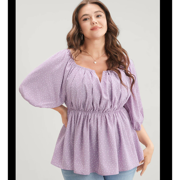 Bloomchic Polka Dot Purple Puff Sleeve Boho Ruffles Blouse NWT 12 NWT - Picture 1 of 6